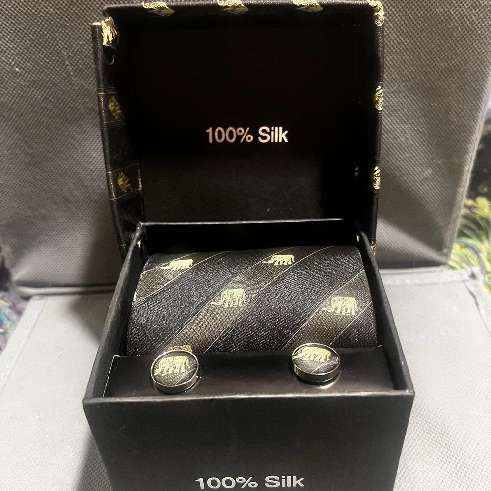 Men's‎ 100% Silk Tie Gift Set Cuff Links, Pocket Square, Tie Elephants